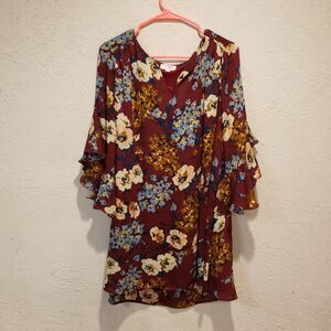 Umgee Women’s Dress Size Small Violet Burgendy Floral V-Neck Ruffle Bell Sleeve
